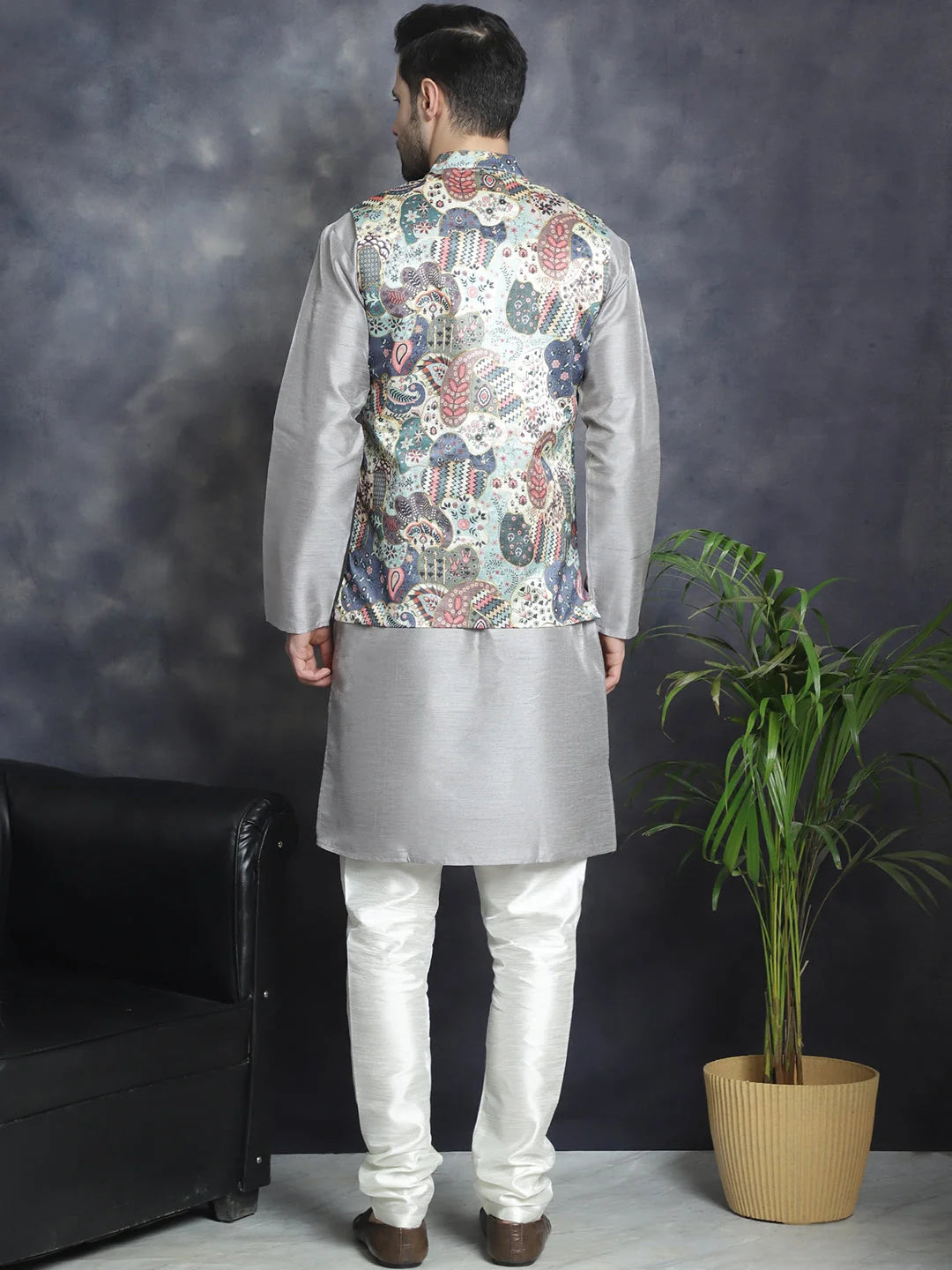 Blue Digital Print Zari Work Nehru Jacket with Kurta Pajama
