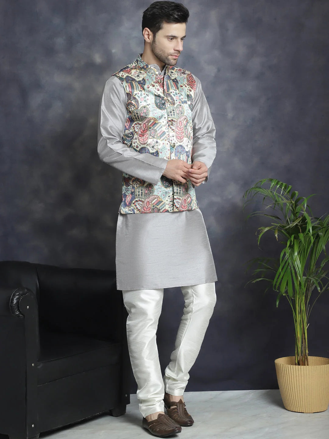 Blue Digital Print Zari Work Nehru Jacket with Kurta Pajama
