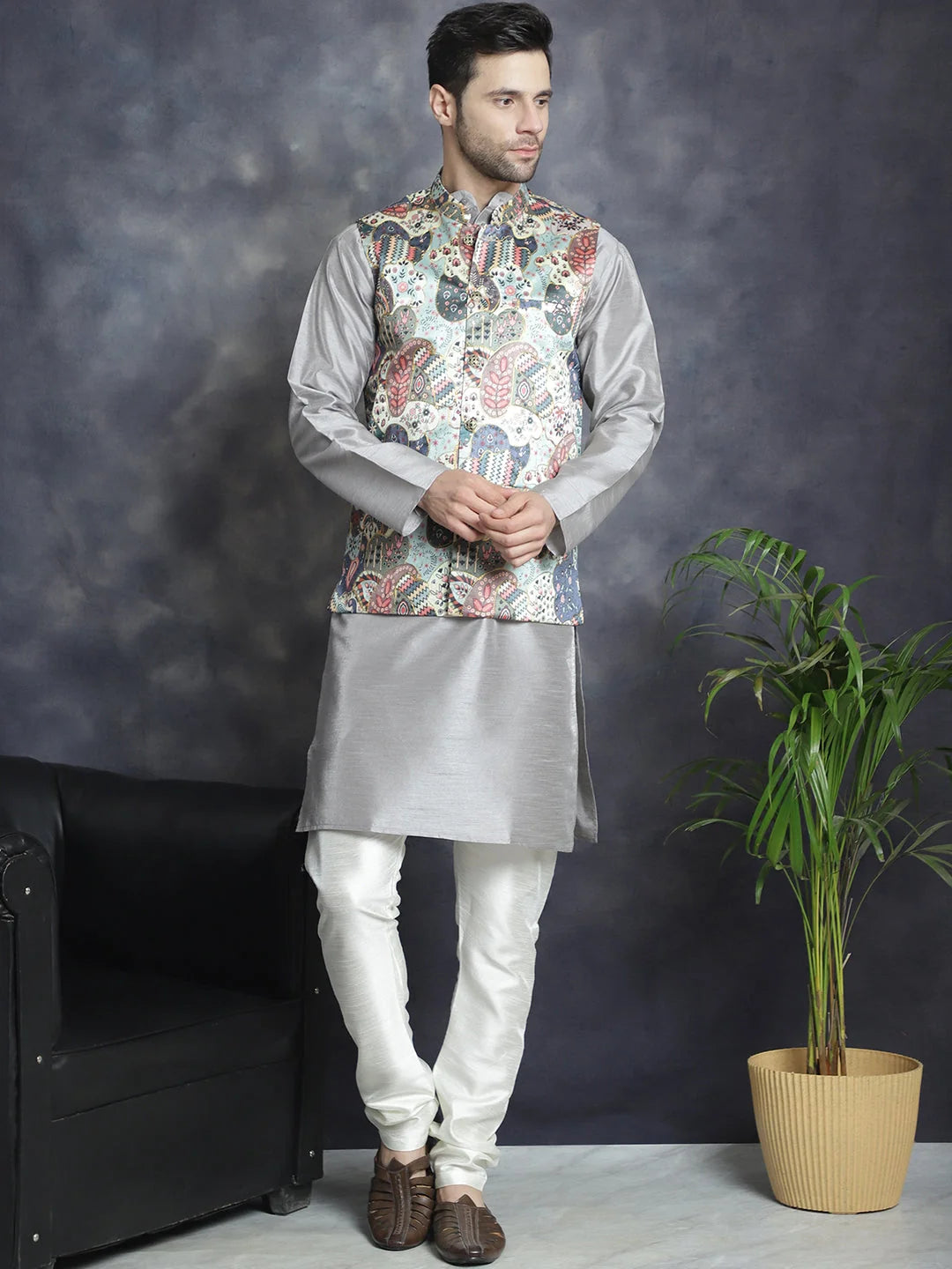 Blue Digital Print Zari Work Nehru Jacket with Kurta Pajama
