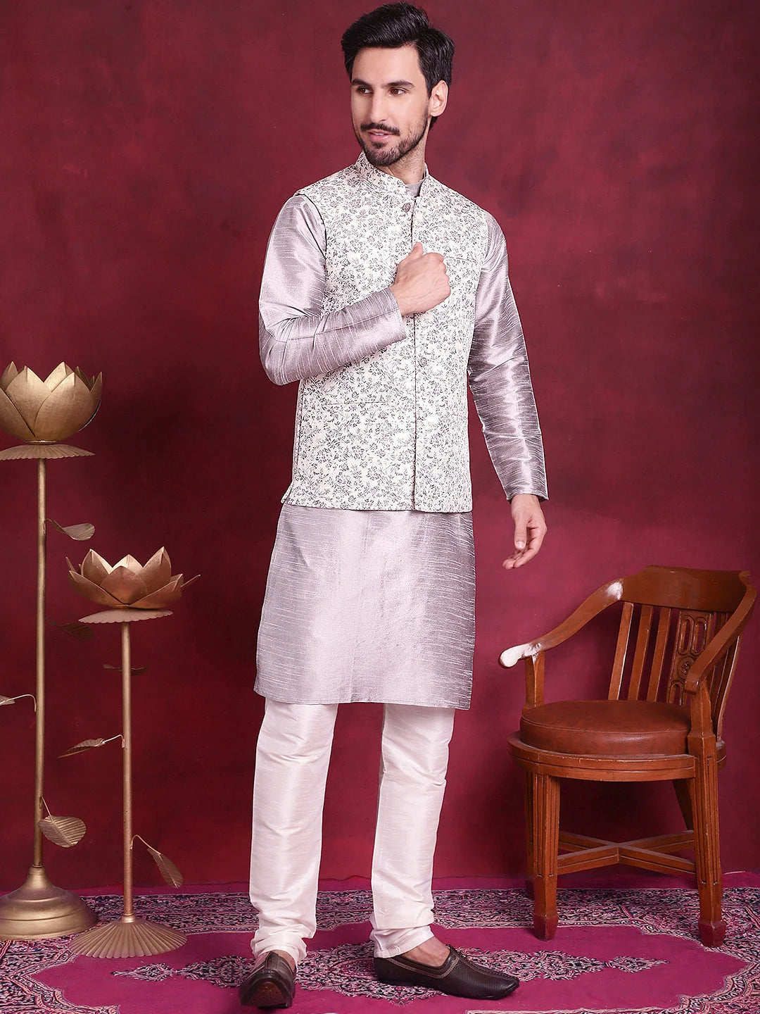 Grey Nehru Jacket Mens Kurta Pajama Set - Solid Cotton Blend