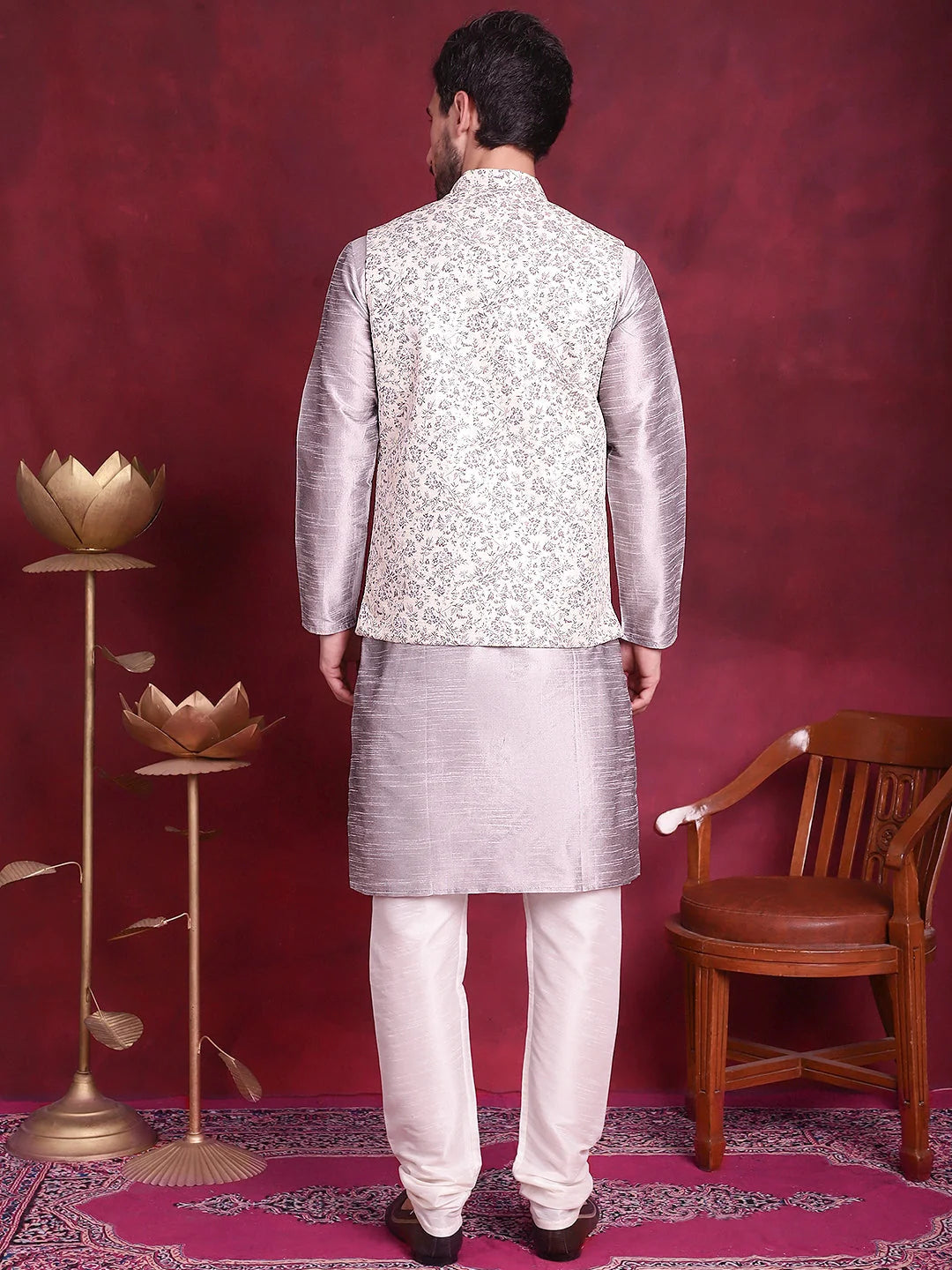 Grey Nehru Jacket Mens Kurta Pajama Set - Solid Cotton Blend