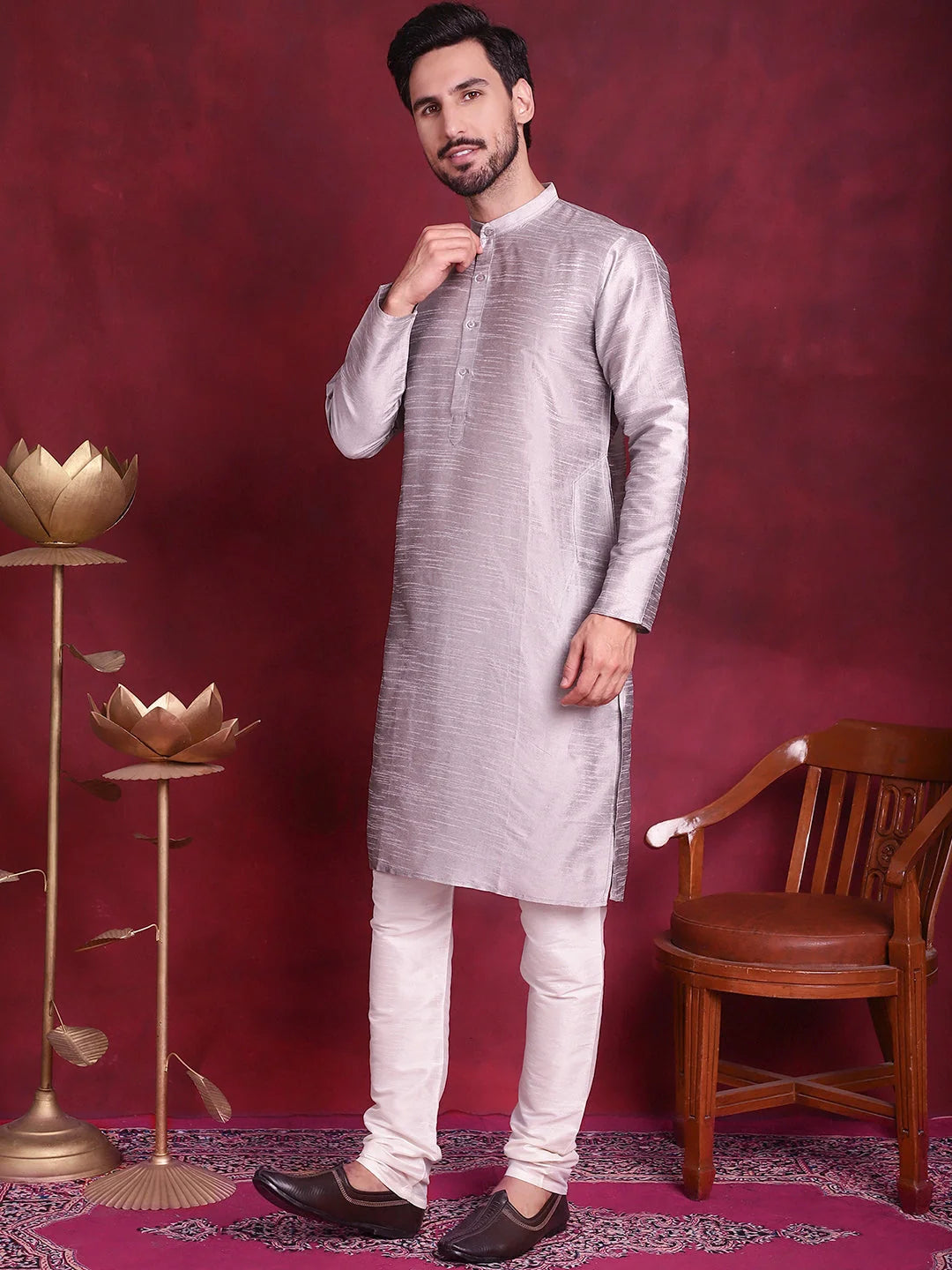 Grey Nehru Jacket Mens Kurta Pajama Set - Solid Cotton Blend
