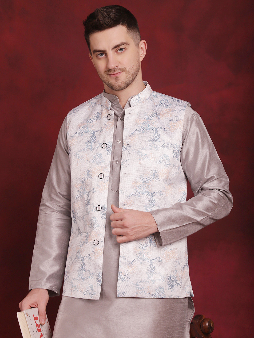 Stylish Silver Floral Nehru Jacket with Kurta Pajama Set