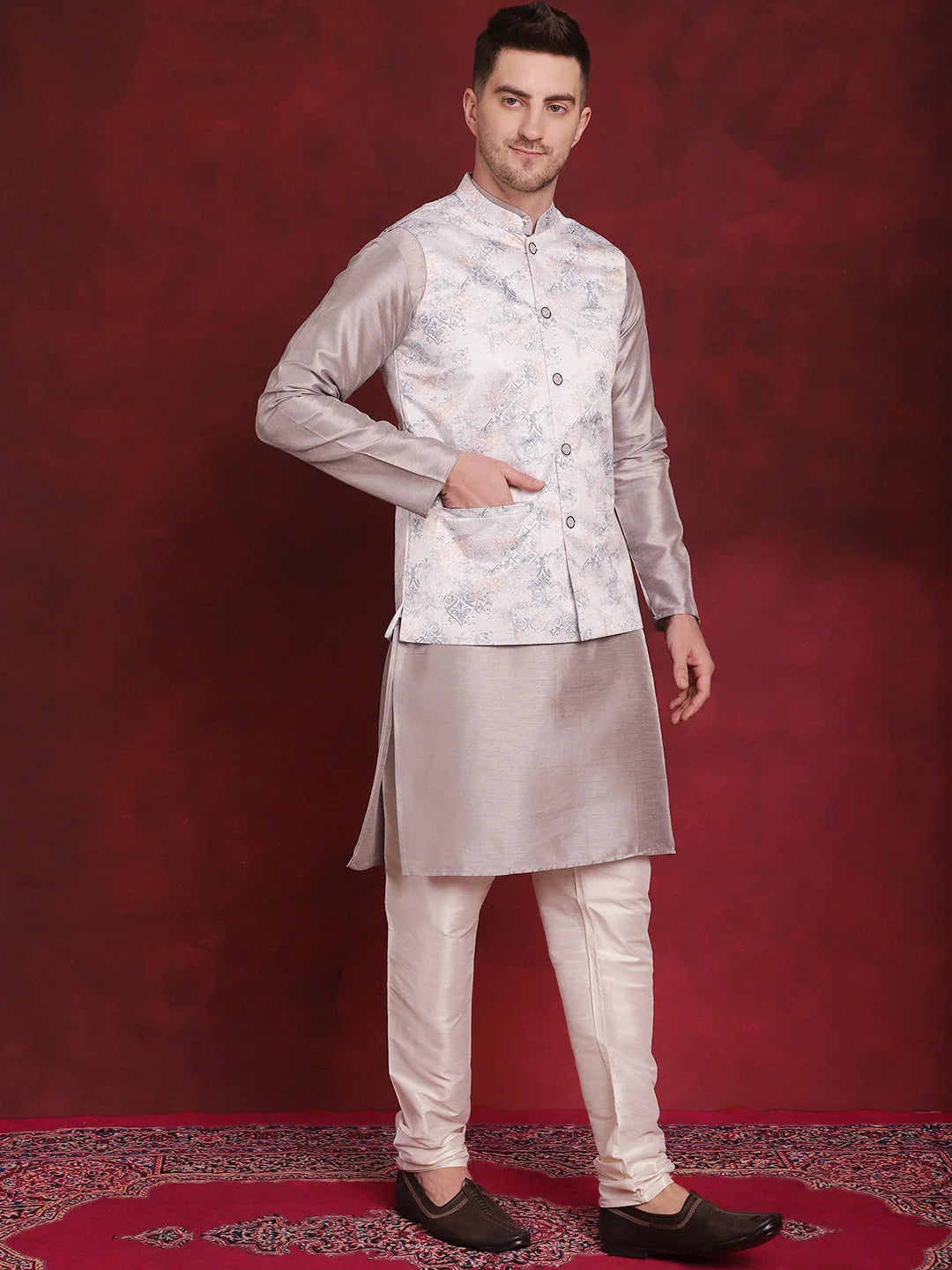 Stylish Silver Floral Nehru Jacket with Kurta Pajama Set