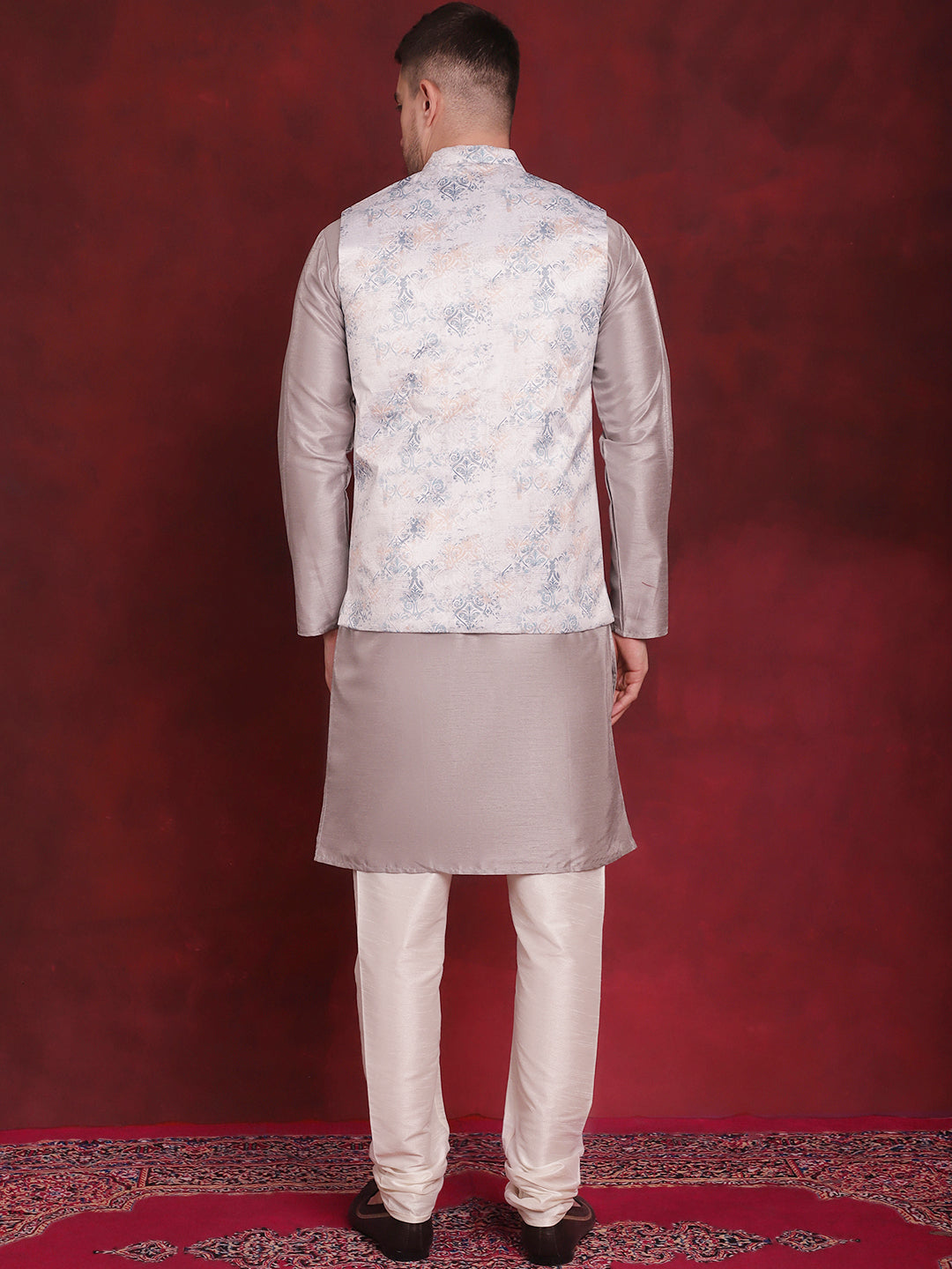 Stylish Silver Floral Nehru Jacket with Kurta Pajama Set