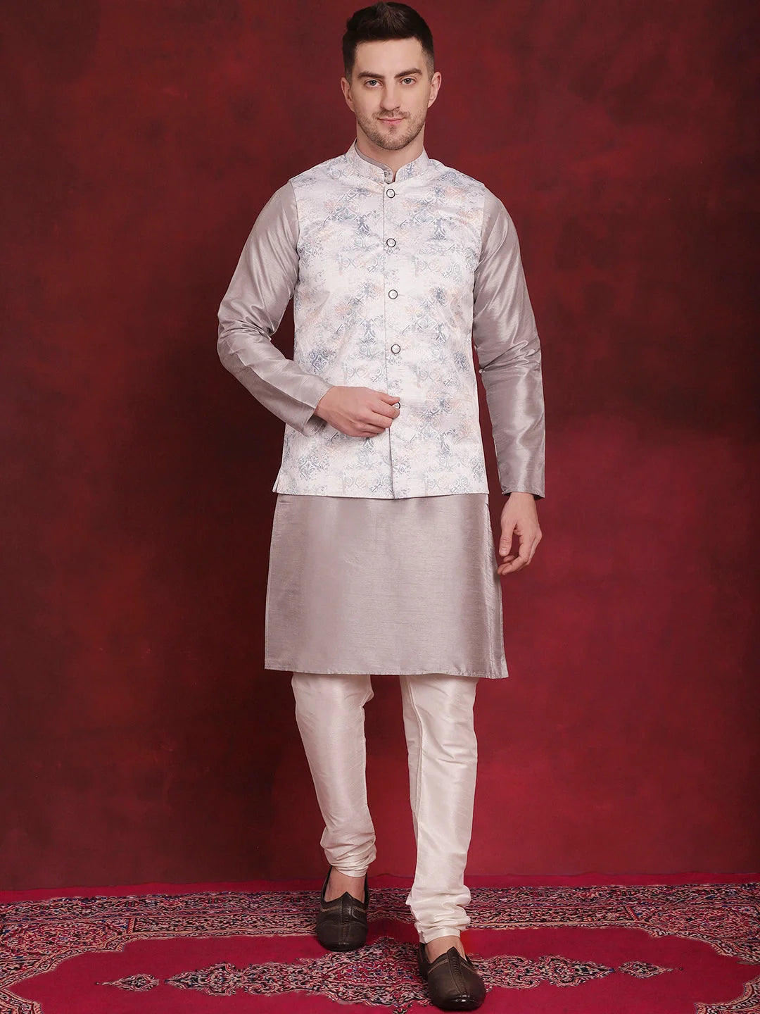 Stylish Silver Floral Nehru Jacket with Kurta Pajama Set