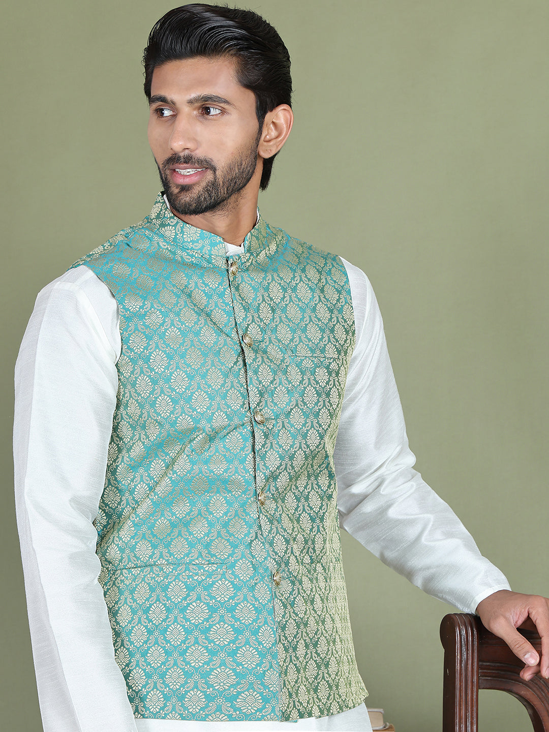 Woven Design Nehru Jacket With Solid Kurta Pyjama for Men ( JOKPWC 636W 4005Green )