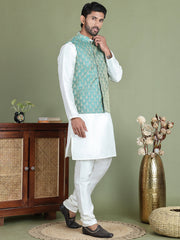 Woven Design Nehru Jacket With Solid Kurta Pyjama for Men ( JOKPWC 636W 4005Green )