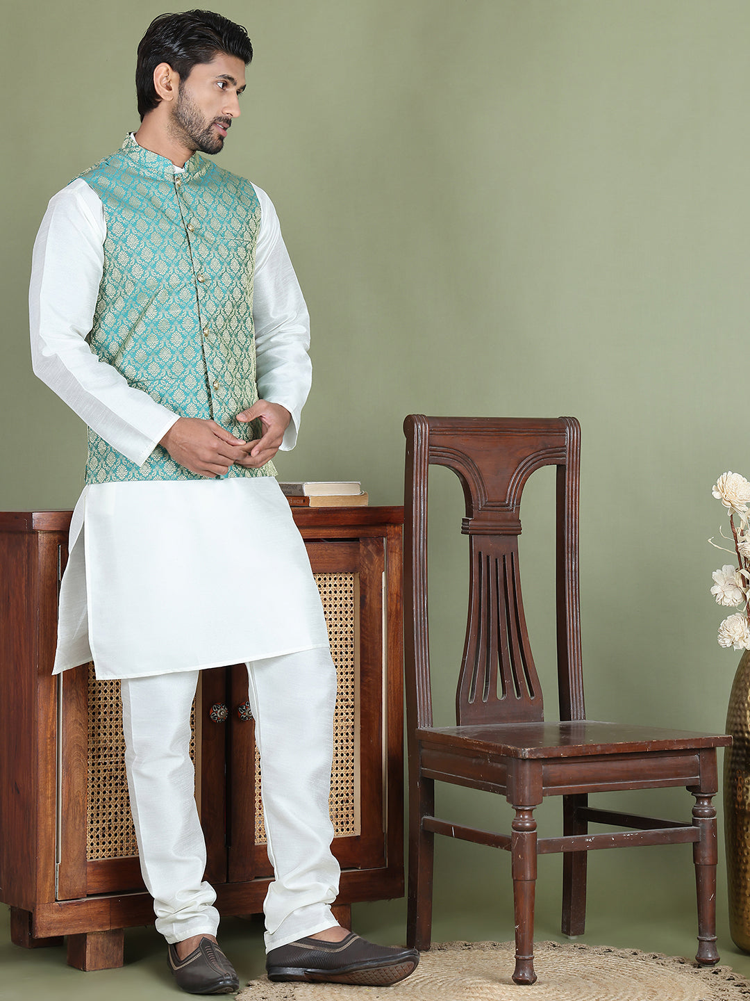 DesiQlo Men Woven Design Nehru Jacket and Kurta Pyjama  - JO 5green