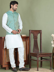Woven Design Nehru Jacket With Solid Kurta Pyjama for Men ( JOKPWC 636W 4005Green )
