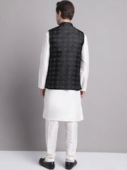 Men's Black Woven Design Nehru Jacket With Solid Kurta Pyjama.