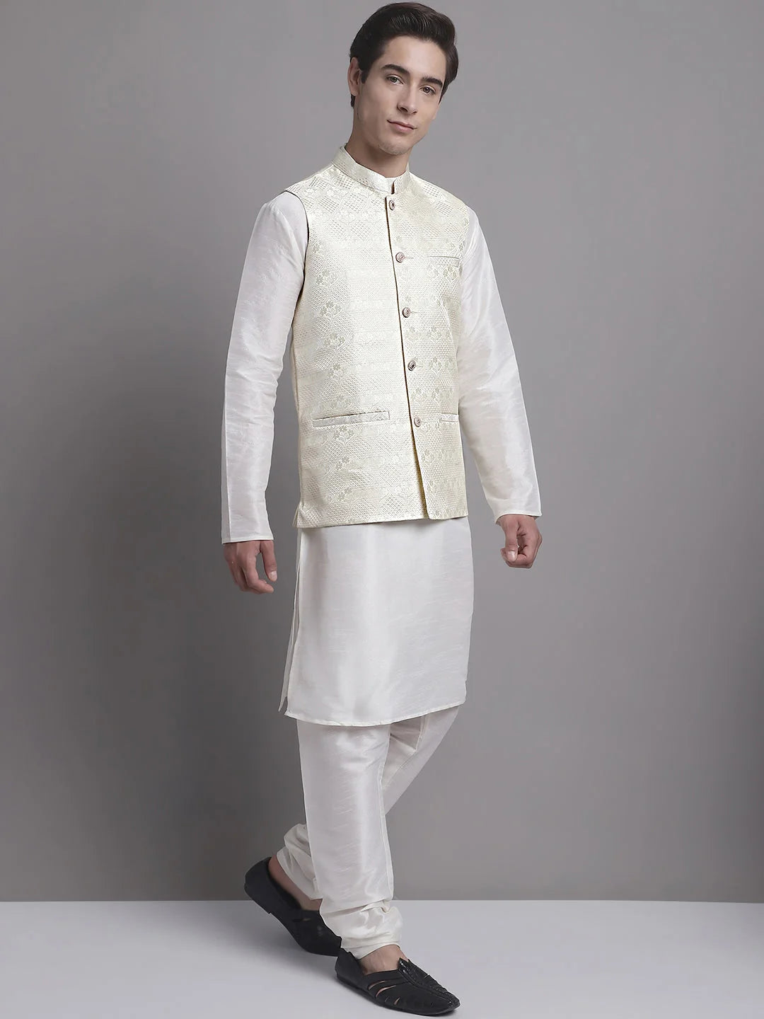 Shop Cream Nehru Jacket Kurta Pajama Set - Mens Kurta Pajama