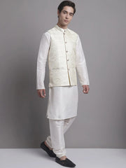 Men's Cream Woven Nehru Jacket With Solid Kurta Pyjama.