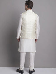 Men's Cream Woven Nehru Jacket With Solid Kurta Pyjama.