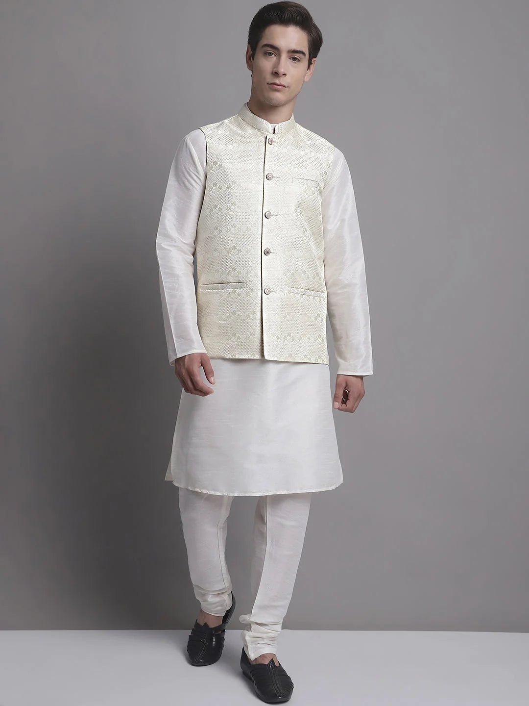 Shop Cream Nehru Jacket Kurta Pajama Set - Mens Kurta Pajama