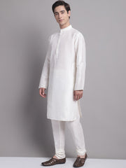 Men's Cream Woven Nehru Jacket With Solid Kurta Pyjama.