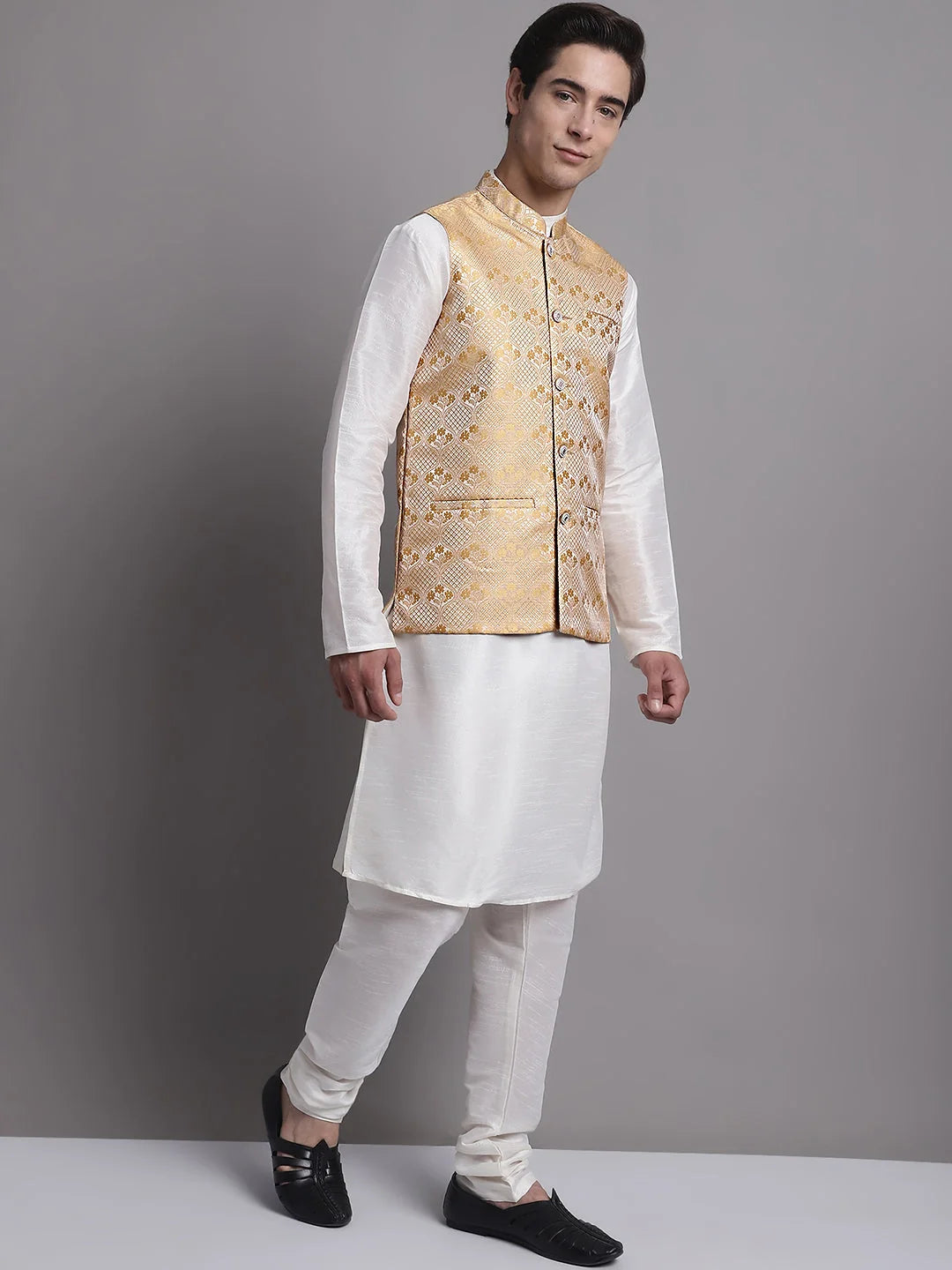 Golden Nehru Jacket Kurta Pajama - Mens Kurta Pajama Cotton Set