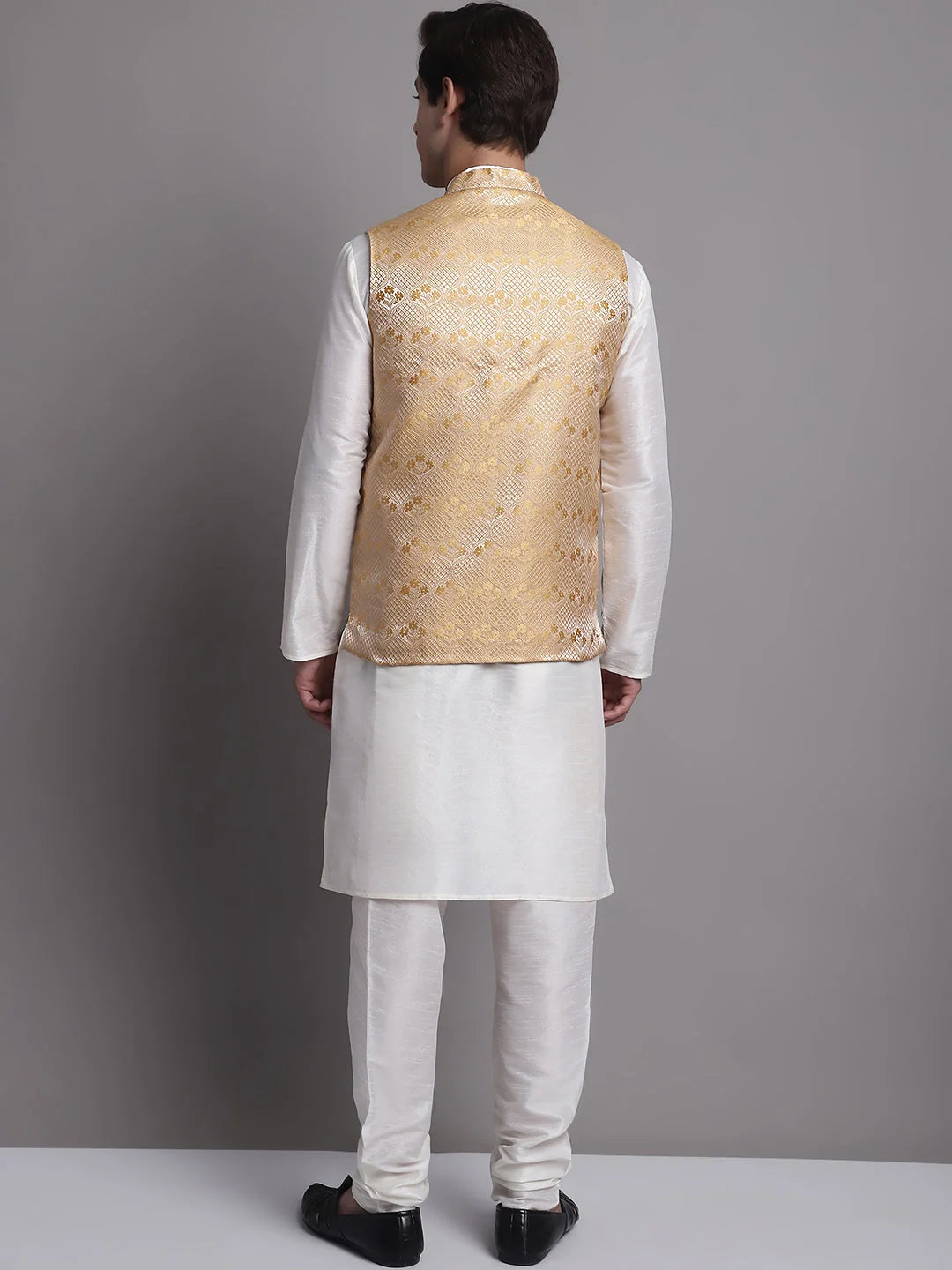 Golden Nehru Jacket Kurta Pajama - Mens Kurta Pajama Cotton Set