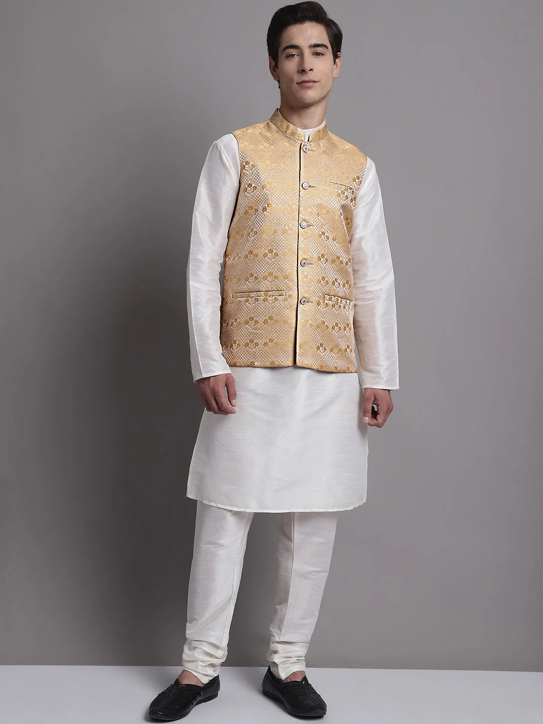 Golden Nehru Jacket Kurta Pajama - Mens Kurta Pajama Cotton Set