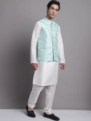 Men's Blue Woven Design Nehru Jacket With Solid Kurta Pyjama.
