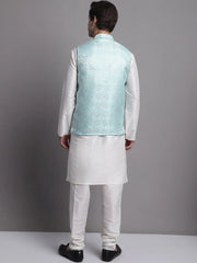 Men's Blue Woven Design Nehru Jacket With Solid Kurta Pyjama.