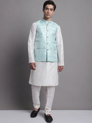 Men's Blue Woven Design Nehru Jacket With Solid Kurta Pyjama.