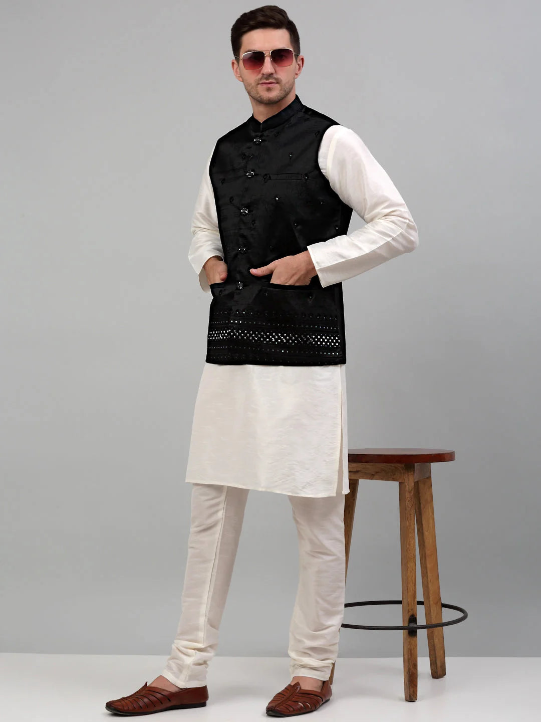 Black Mens Kurta Pajama Set: Embroidered Nehru Jacket - Cotton