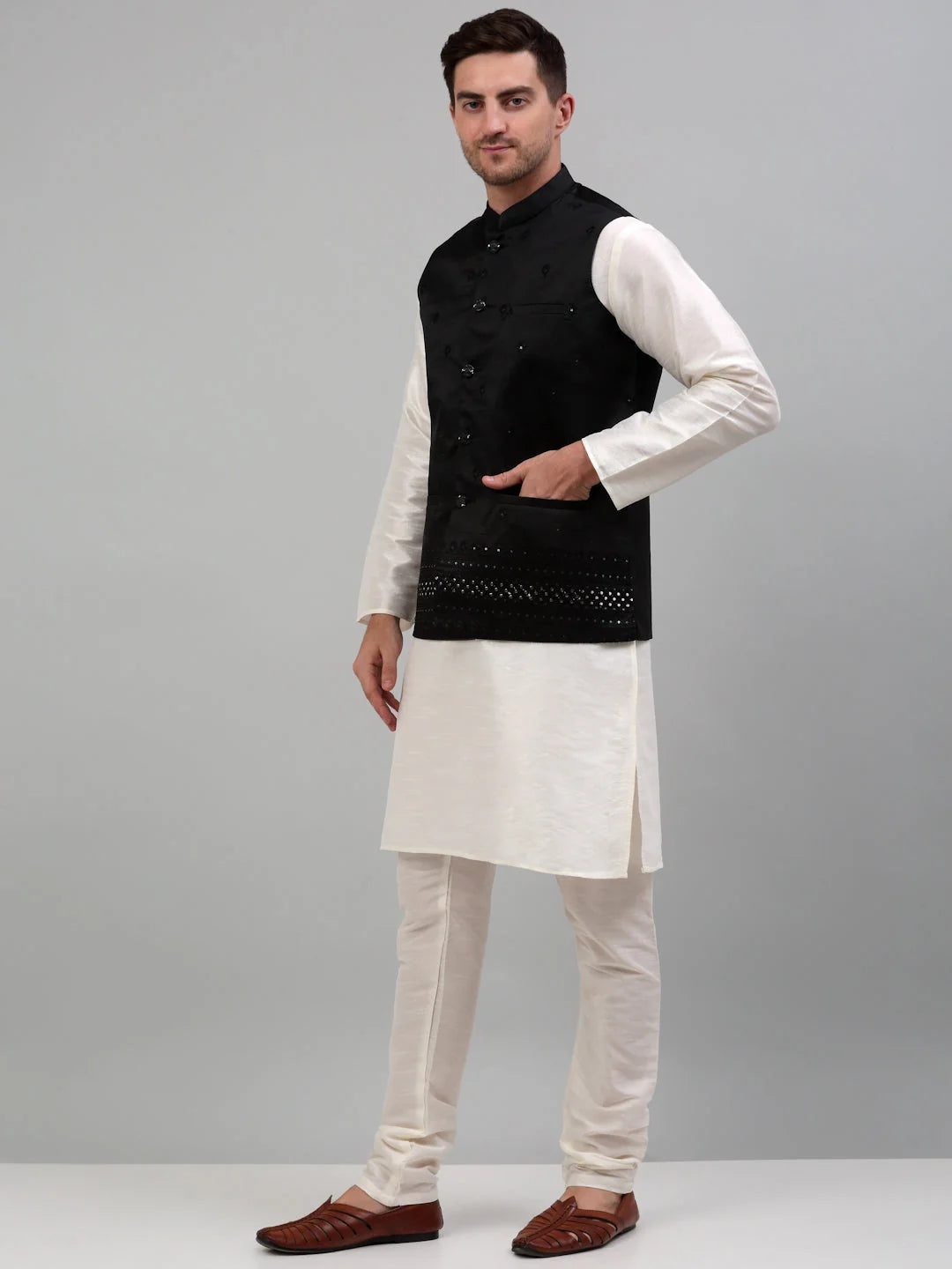 Black Mens Kurta Pajama Set: Embroidered Nehru Jacket - Cotton