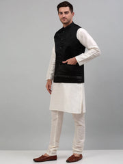 Men's Embroidered Nehru Jacket With Solid Kurta Pyjama Set-4077Black