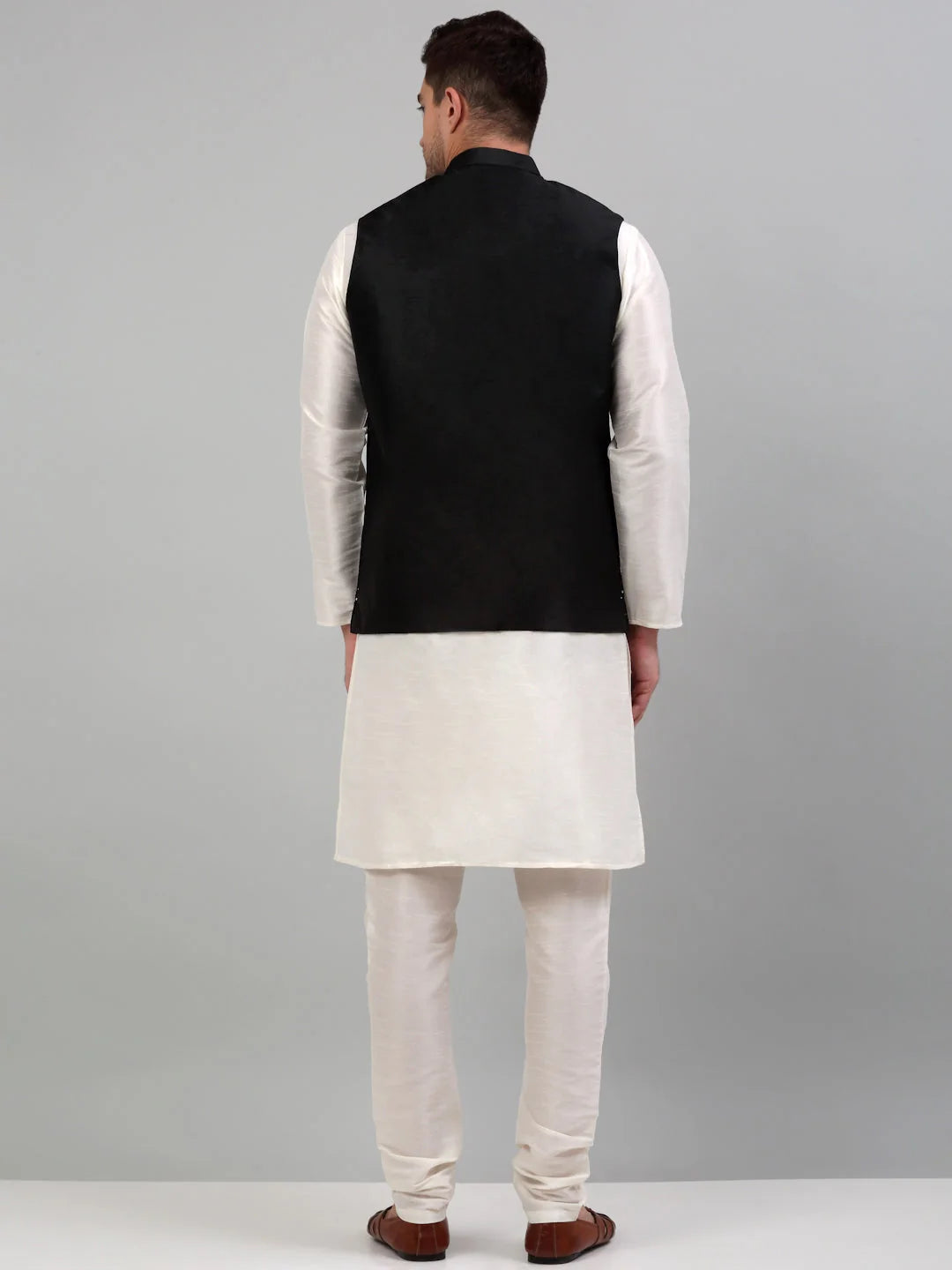 Black Mens Kurta Pajama Set: Embroidered Nehru Jacket - Cotton