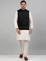 Men's Embroidered Nehru Jacket With Solid Kurta Pyjama Set-4077Black