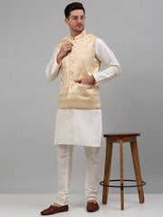Men's Embroidered Nehru Jacket With Solid Kurta Pyjama Set-JOKPWC-636W