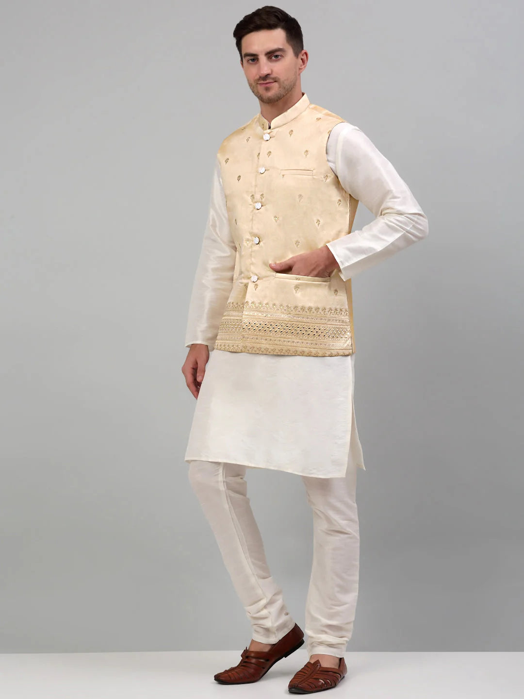 Elegant Mens Kurta Pajama: Embroidered Nehru Jacket in Cotton