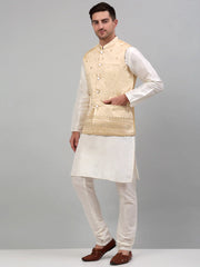 Men's Embroidered Nehru Jacket With Solid Kurta Pyjama Set-JOKPWC-636W