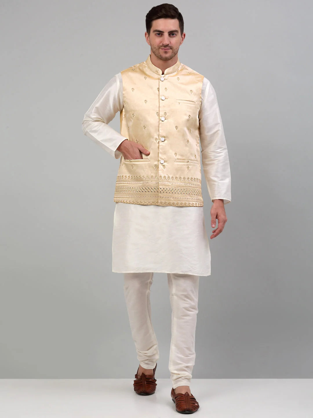Elegant Mens Kurta Pajama: Embroidered Nehru Jacket in Cotton