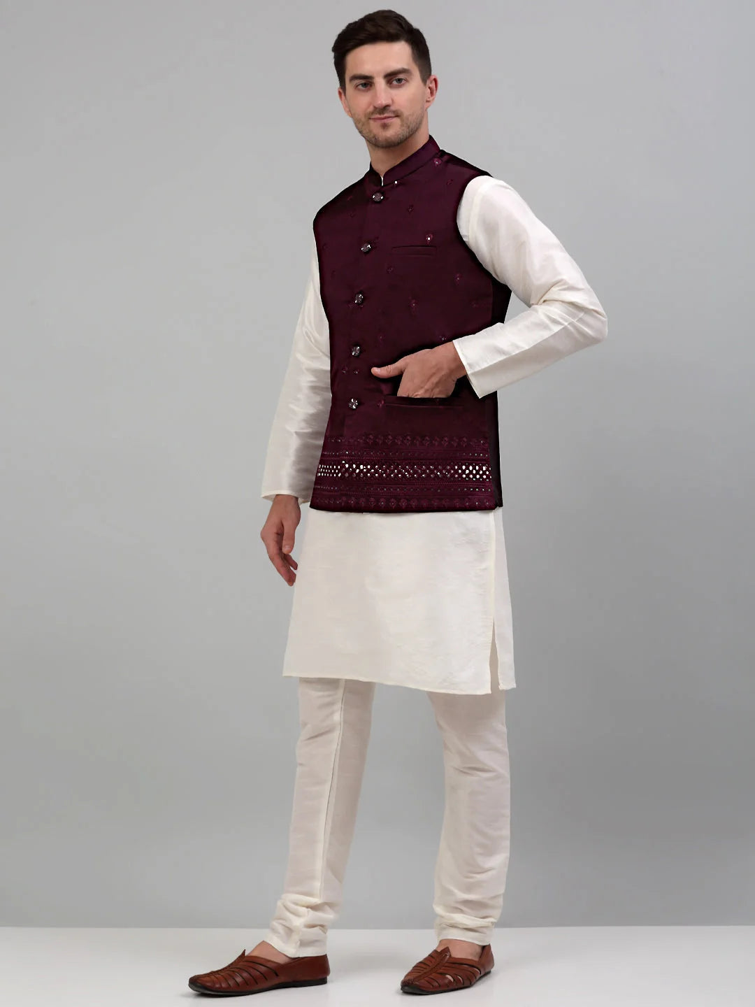 Stylish Mens Kurta Pajama Set with Embroidered Nehru Jacket