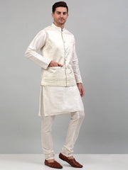 Men's Embroidered Styled Nehru Jacket With Solid Kurta Pyjama Set.