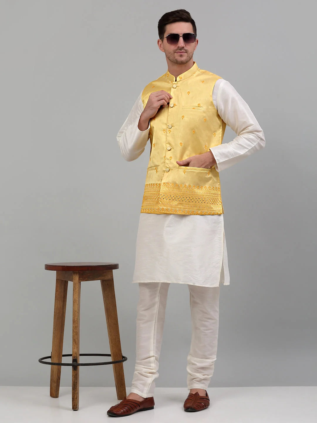 Men's Embroidered Nehru Jacket with Kurta Pajama Set | Cotton