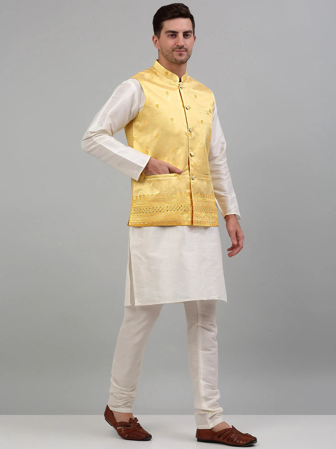 Men's Embroidered Nehru Jacket with Kurta Pajama Set | Cotton