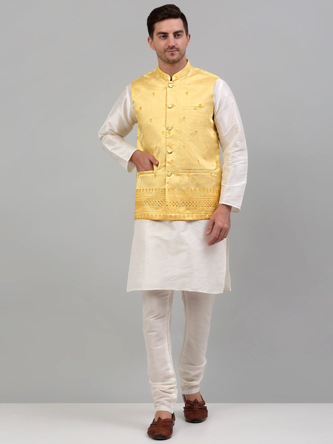Men's Embroidered Nehru Jacket with Kurta Pajama Set | Cotton