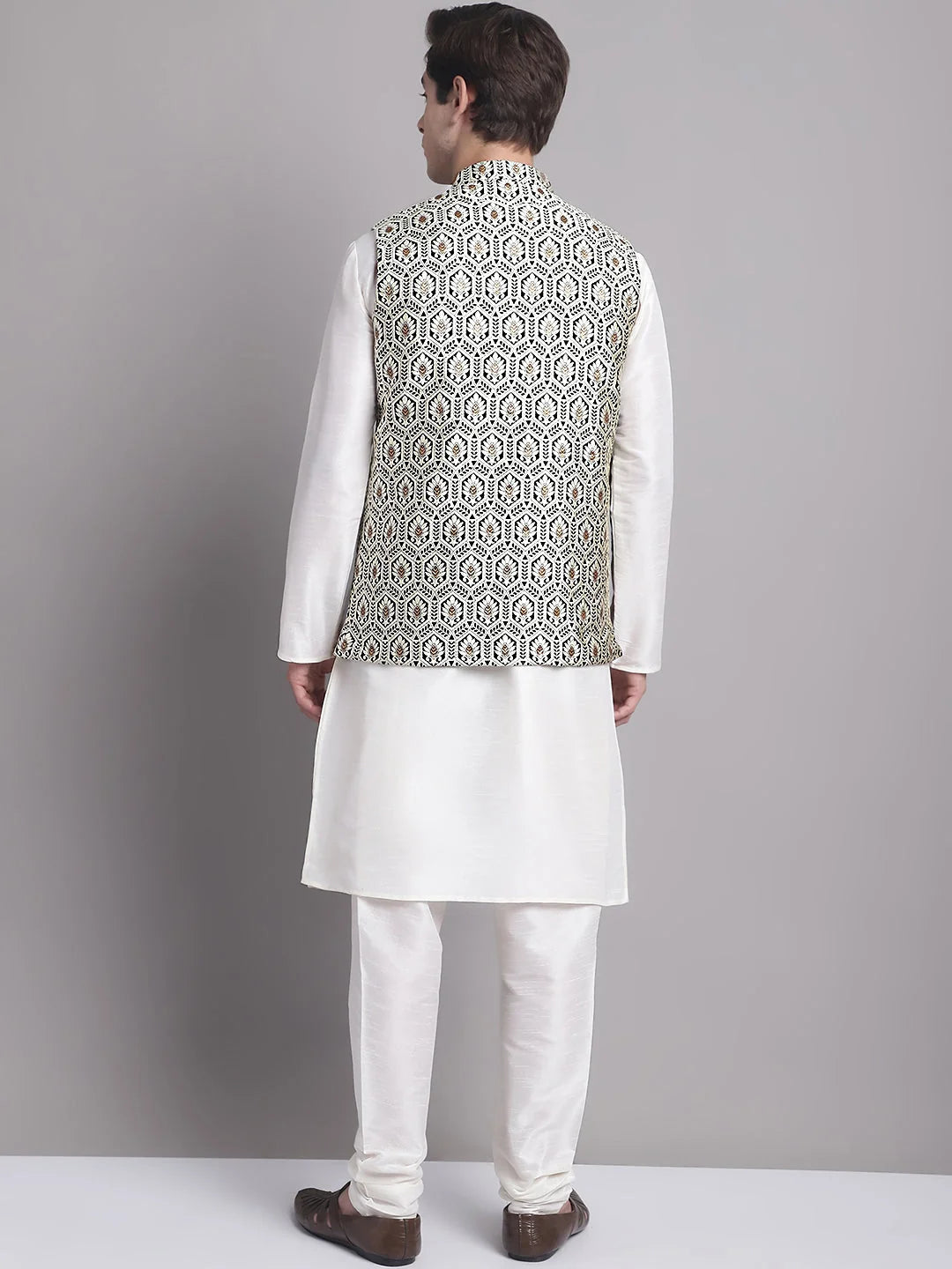 Mens Kurta Pajama Set: Silver & Black Nehru Jacket | Pathani S...