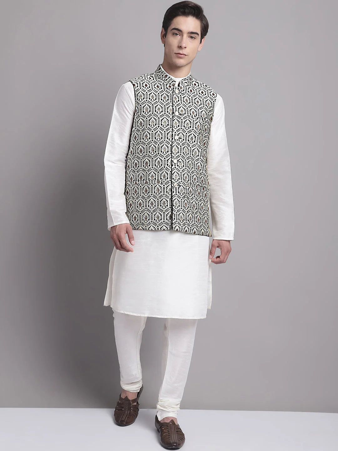Mens Kurta Pajama Set: Silver & Black Nehru Jacket | Pathani S...