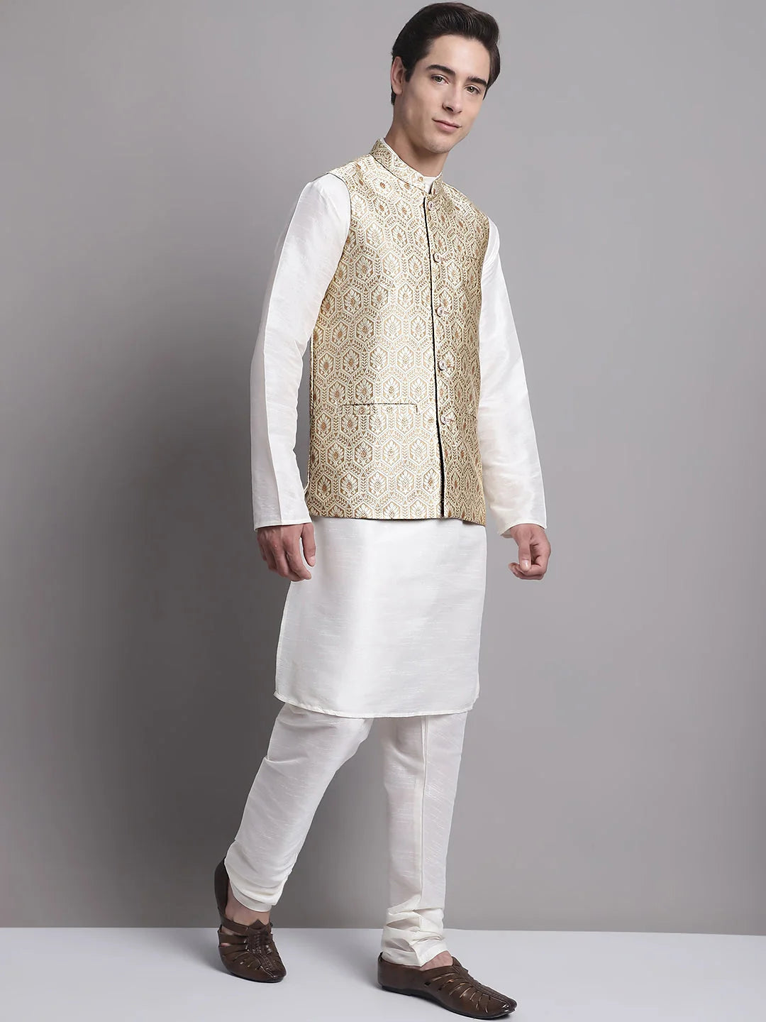 Cream Woven Nehru Jacket with Kurta Pajama Set | Mens Pathani