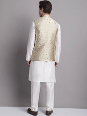 Men's Cream Woven Design Nehru Jacket With Solid Kurta Pyjama-HQ