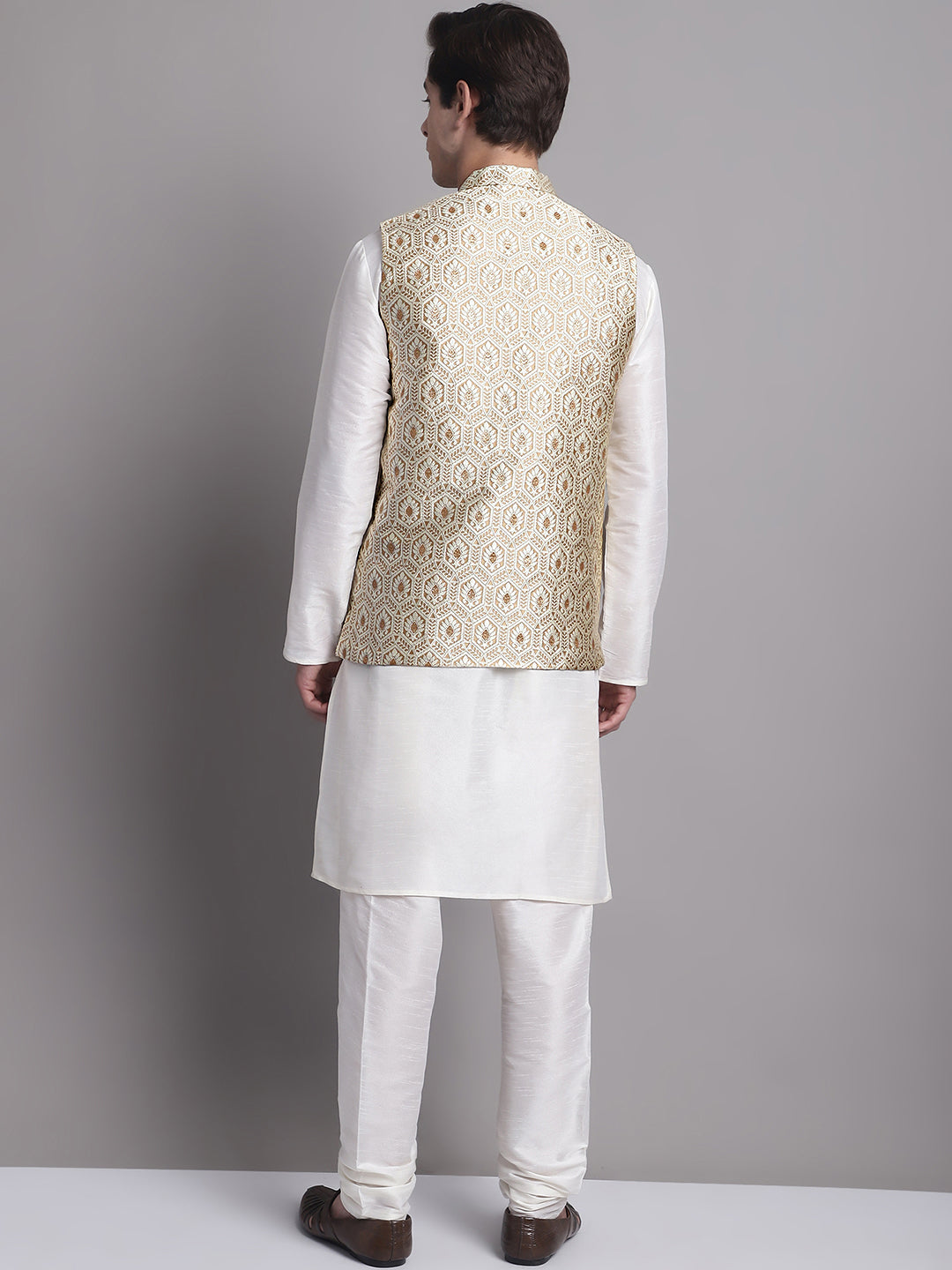 Cream Woven Nehru Jacket with Kurta Pajama Set | Mens Pathani