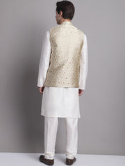 Men's Cream Woven Design Nehru Jacket With Solid Kurta Pyjama-HQ