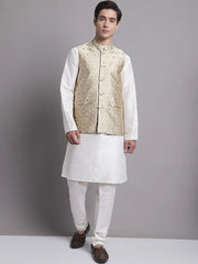 Men's Cream Woven Design Nehru Jacket With Solid Kurta Pyjama-HQ