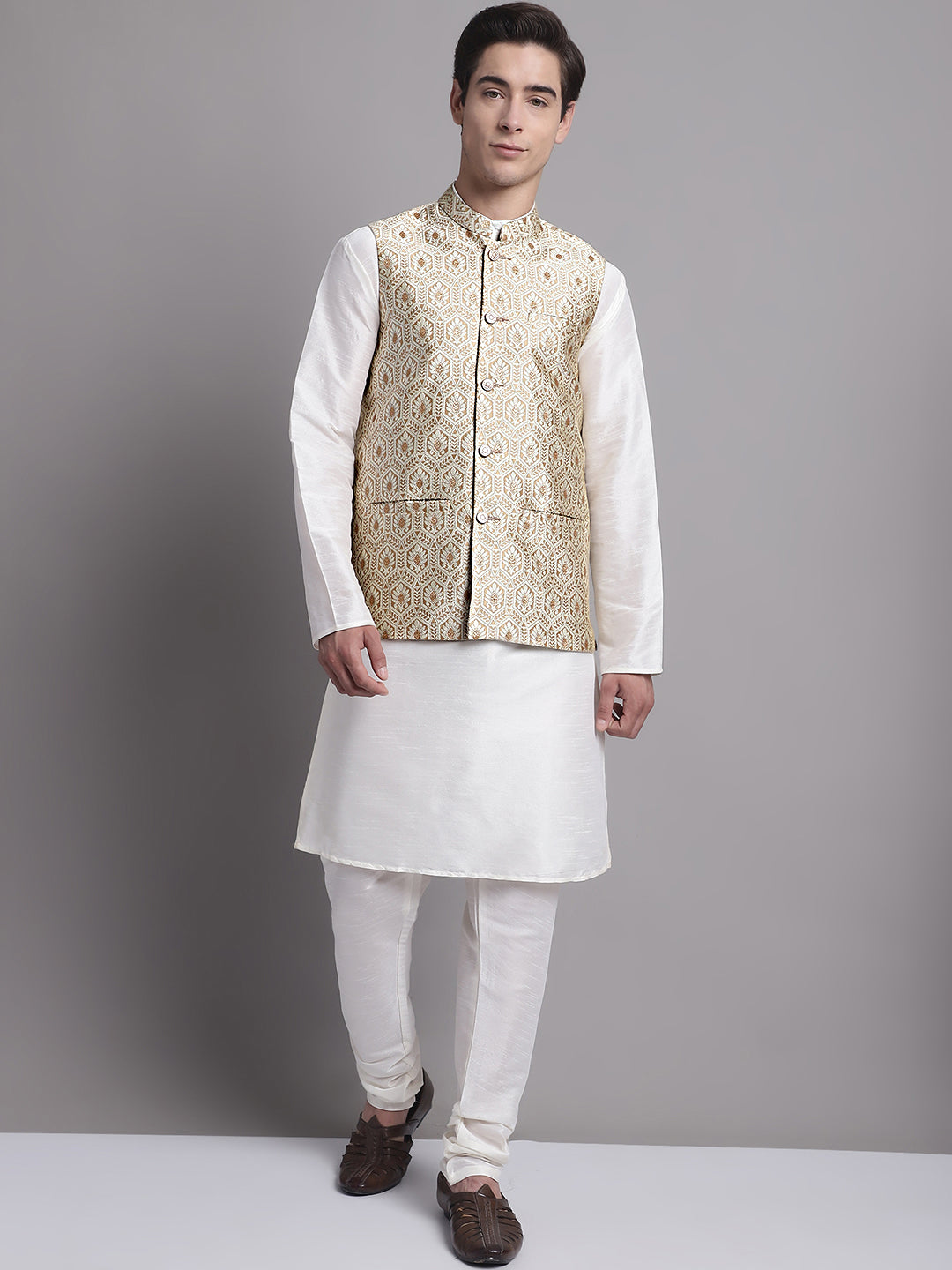 Cream Woven Nehru Jacket with Kurta Pajama Set | Mens Pathani