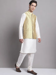 Men's Golden Woven Styled Design Nehru Jacket With Solid Kurta Pyjama.