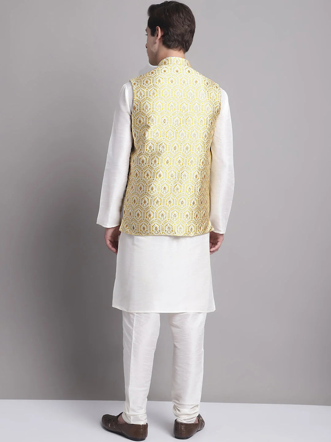 Golden Woven Nehru Jacket with Solid Kurta Pajama | Mens Kurta